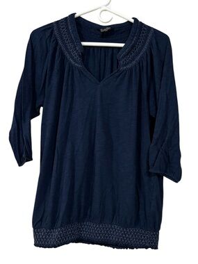 Lucky Brand Navy V-Neck Smocked Trim Tunic